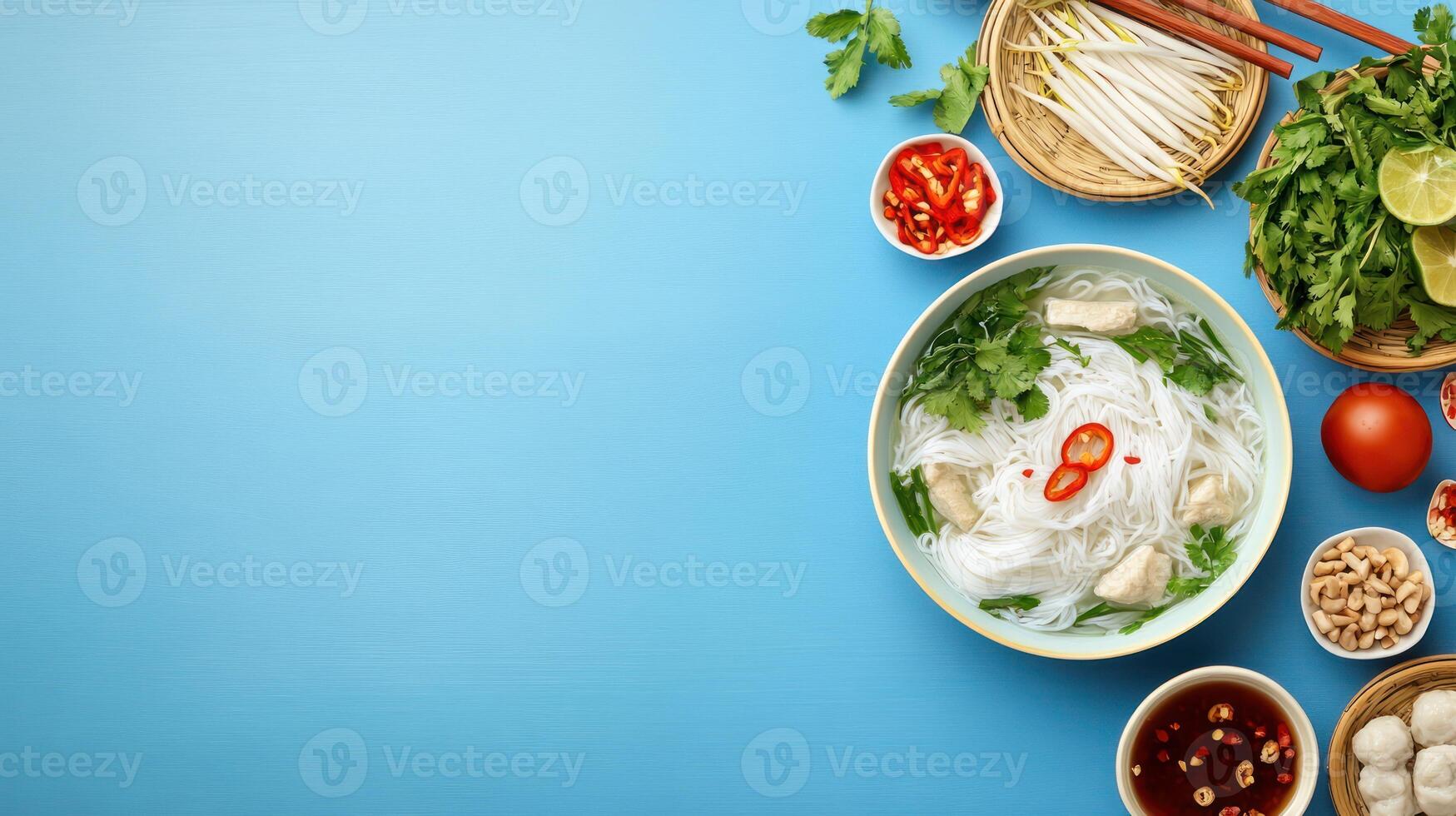 Asian noodle soup flat lay on blue background with herbs ingredients. Use for food blogcookbook photo