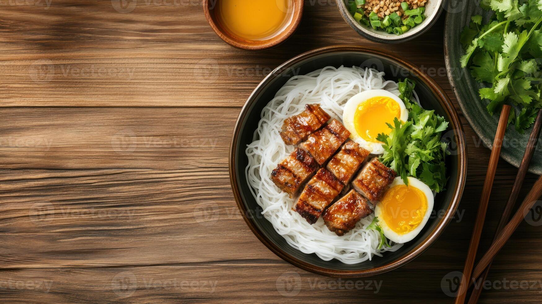 Asian beef and noodles with egg served in a bowl on table. Culinary blog, or food advertisement photo