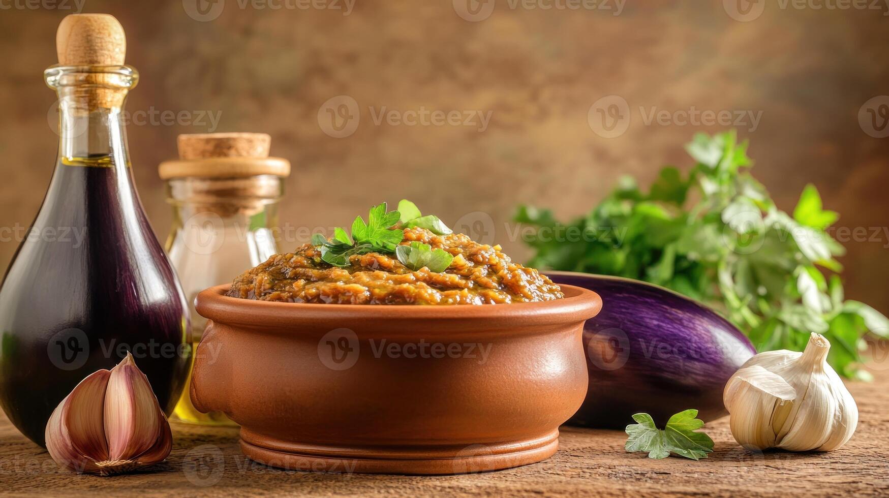 Baba ghanoush served with olive oil, garlic, and eggplant on a wooden table against a rustic background photo