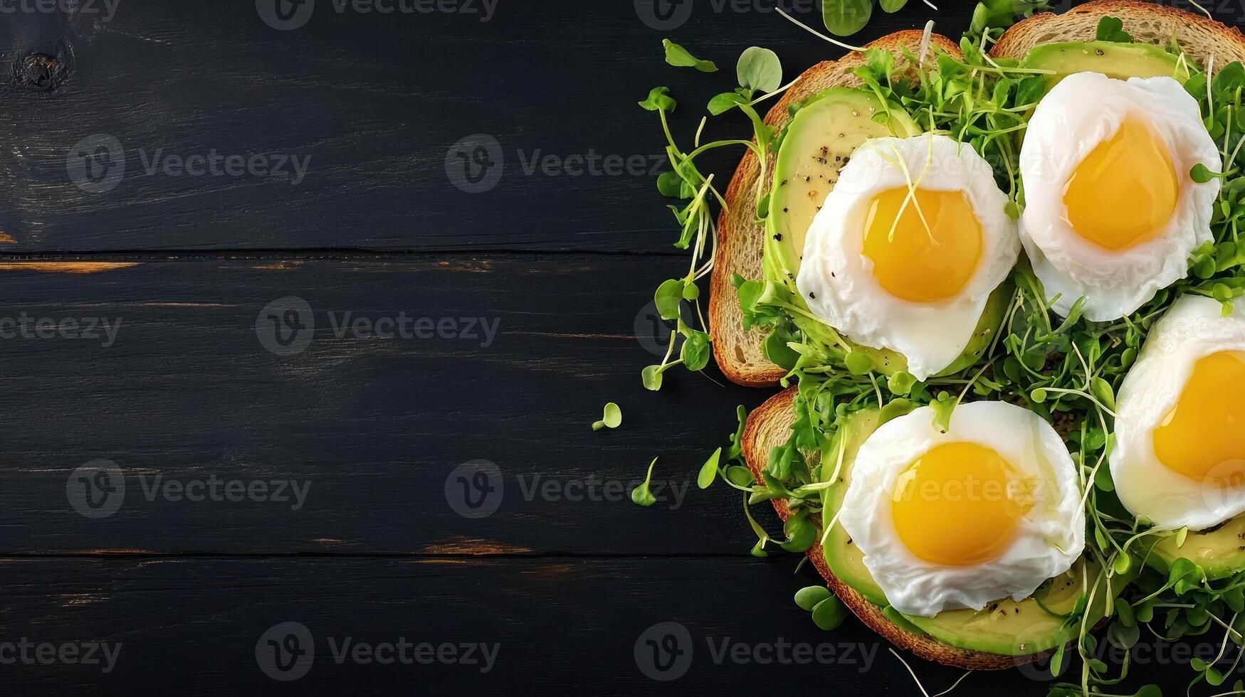 Avocado toast with poached eggs and sprouts, flat lay. Healthy eating concept photo