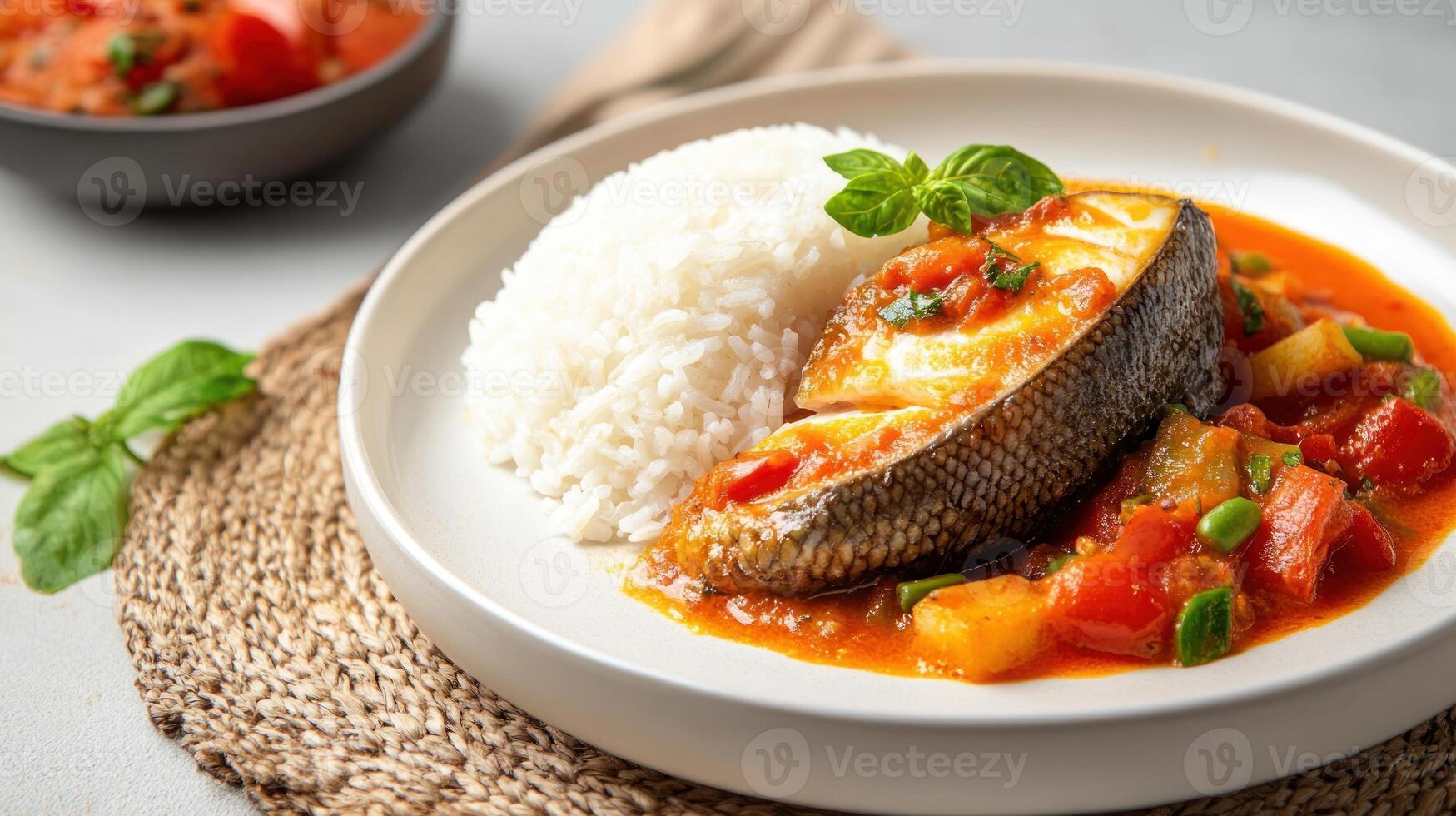Baked fish with vegetables and rice for healthy eating at restaurant, table photo