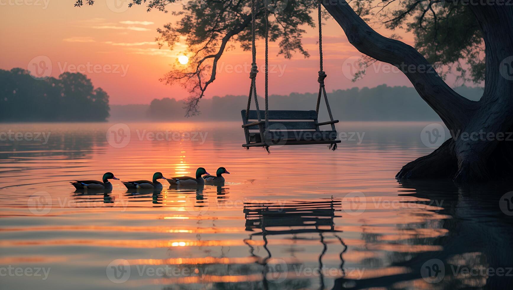 Ducks Swimming on Lake at Sunrise with Swing Hanging From Tree photo