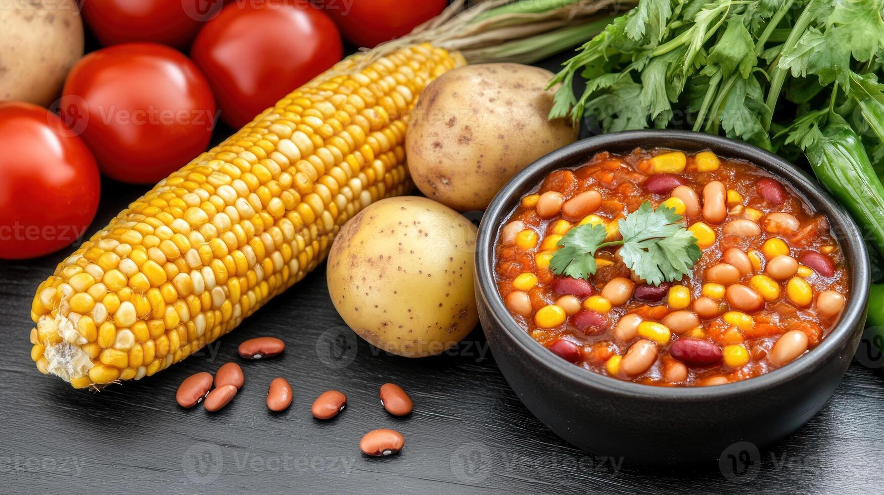 Beans and corn stew in a black bowl surrounded by tomatoes, parsley, potatoes and corn. Stock image photo