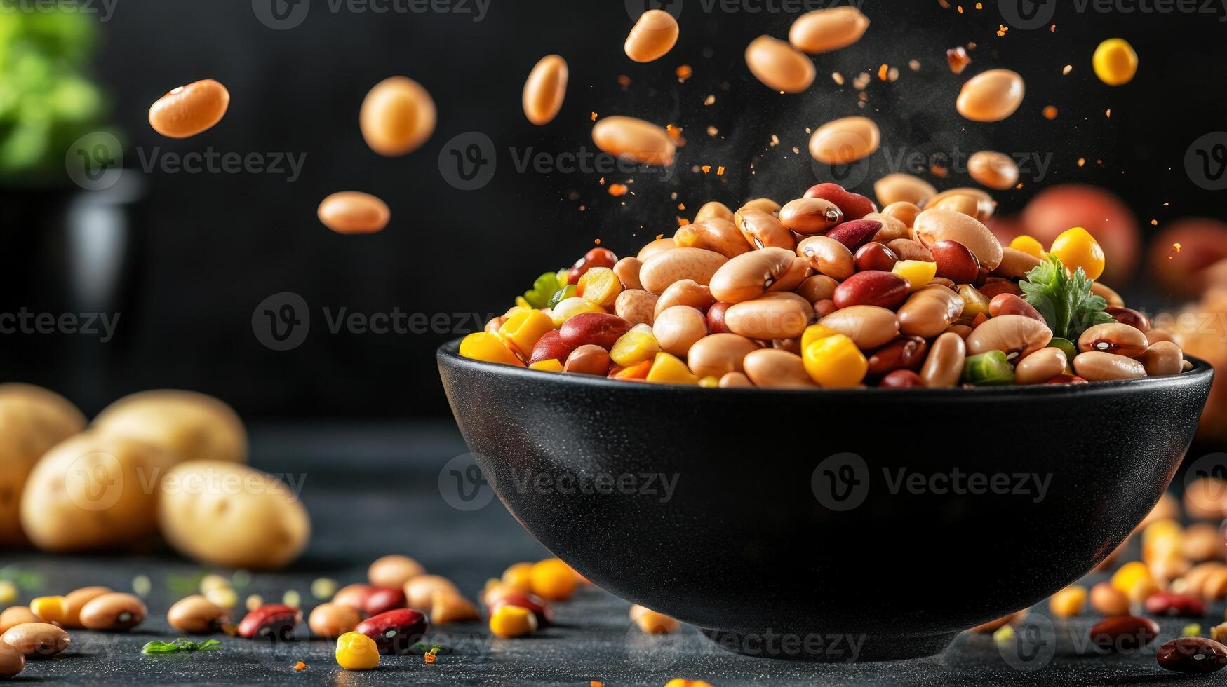 Beans and corn falling into a bowl, studio shot, dark background. Ingredient for healthy meal photo