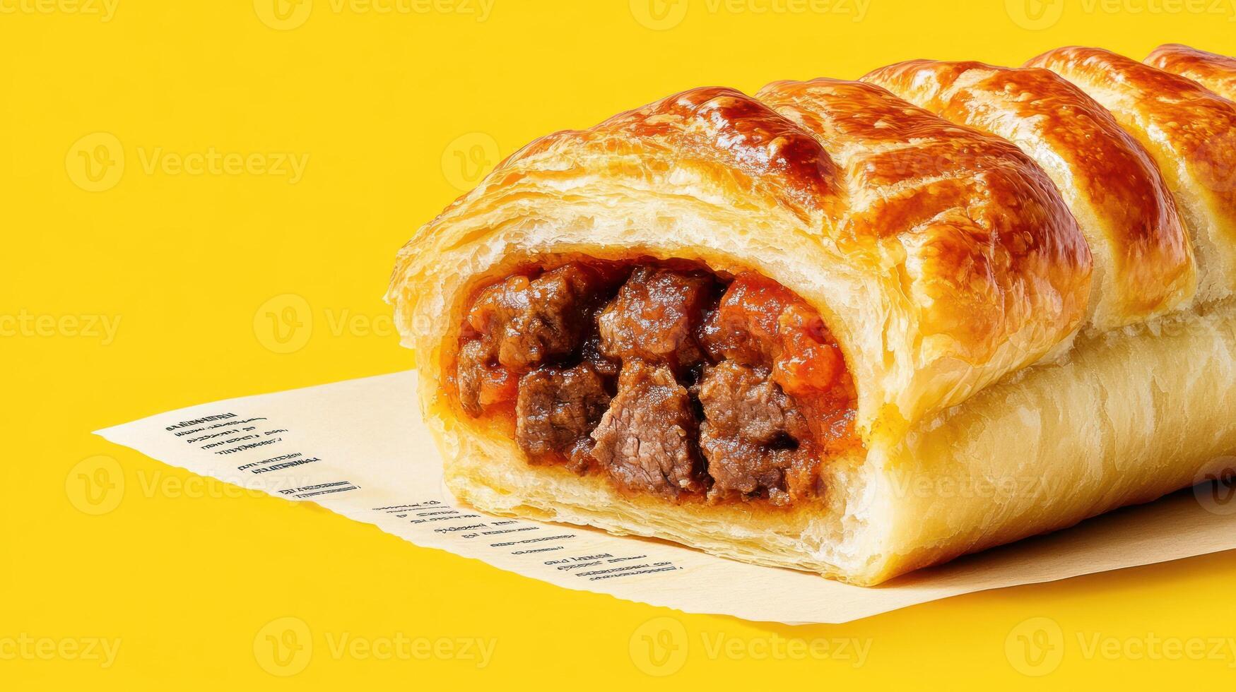 Beef and tomato filling in pastry golden crust, yellow background, food photography for snack menu use photo