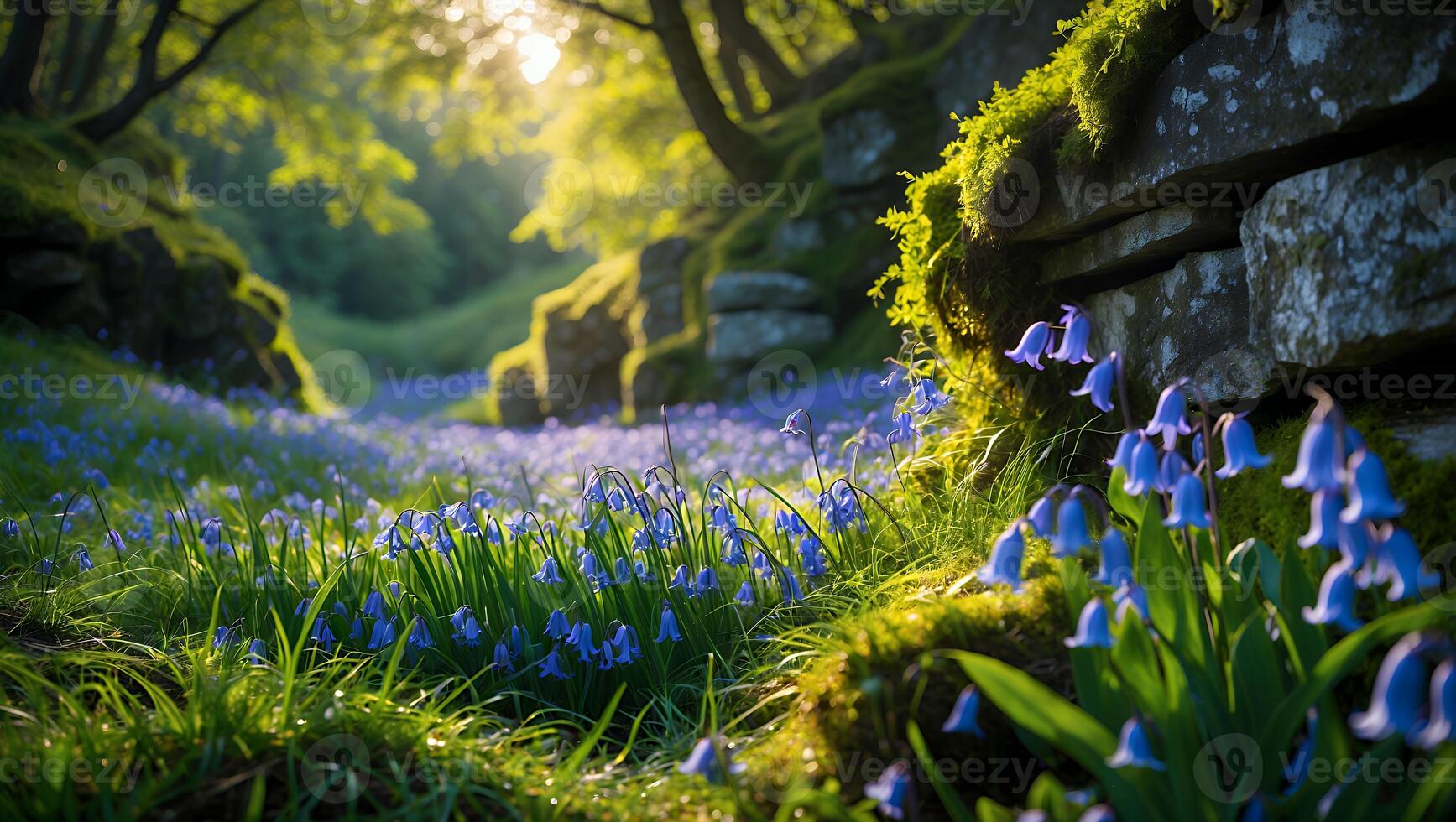 Bluebell Flowers Blooming in Green Forest Glade with Sunlight photo