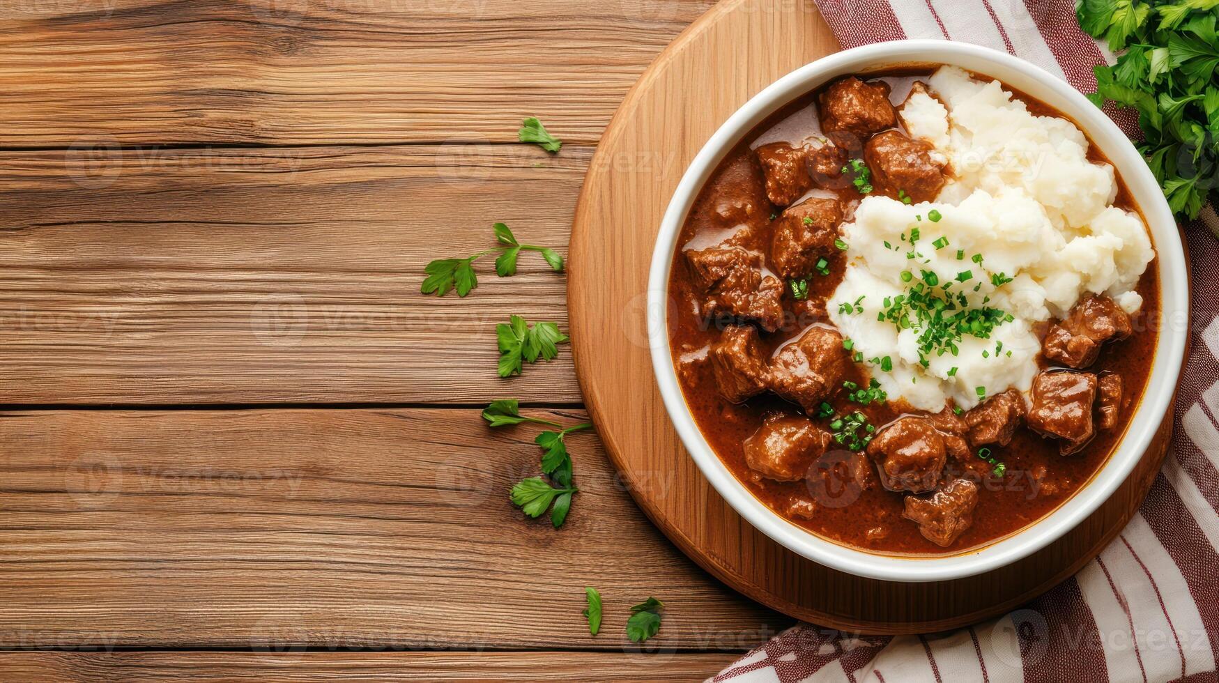 Beef Stew with Mashed Potatoes Comfort food perfect for dinner, set on wooden table photo