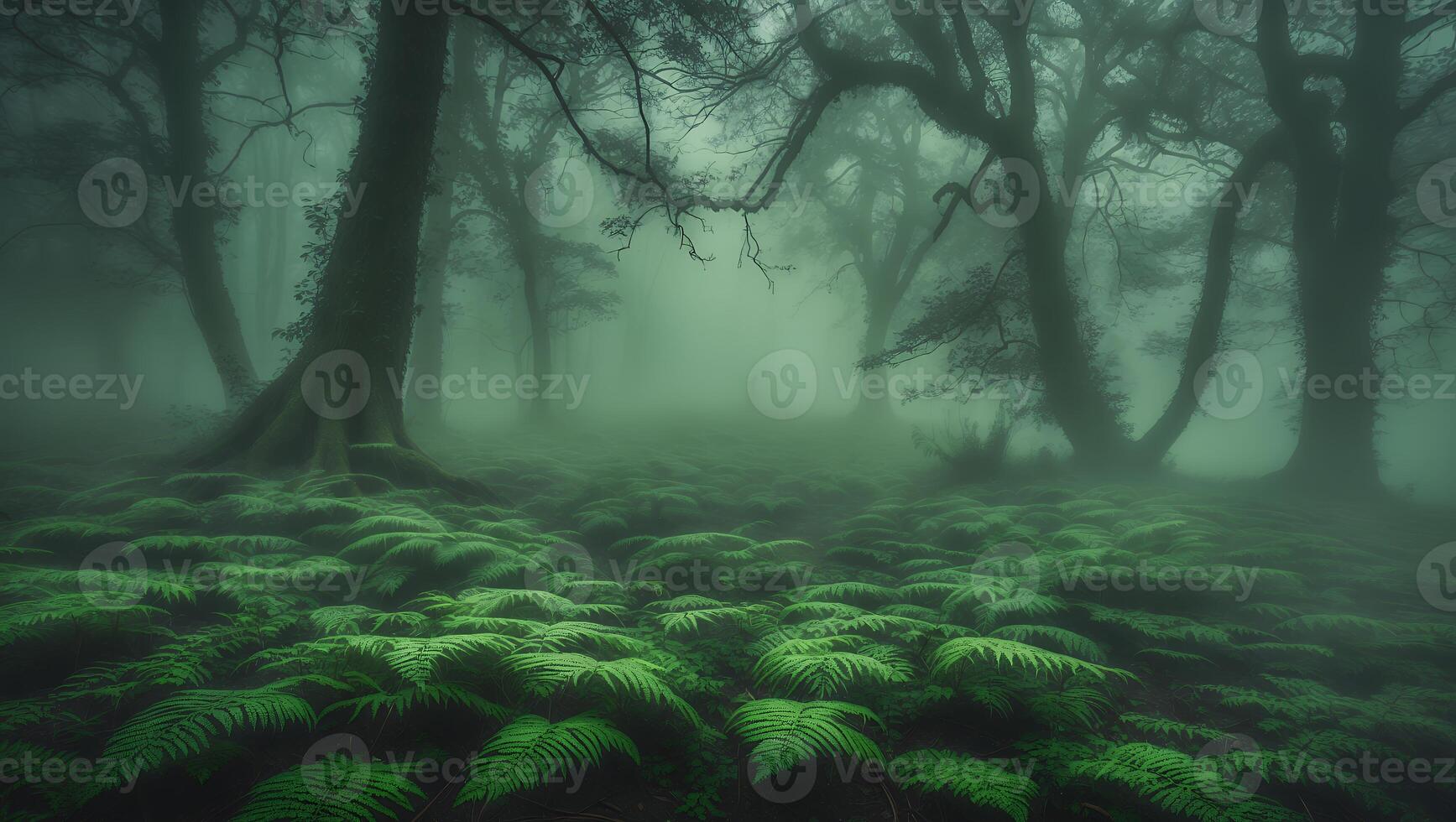 Exploring a Foggy Forest with Ferns and Bare Trees Landscape photo