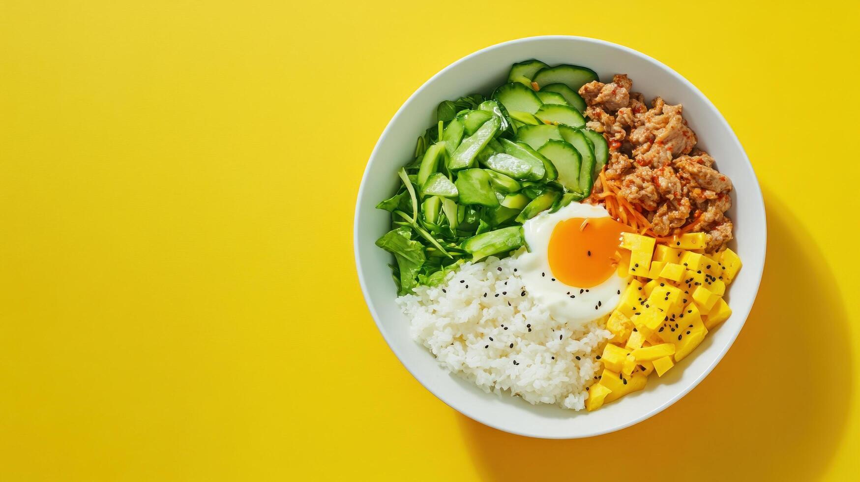 Bibimbap bowl with colorful ingredients on a yellow background, showcasing fresh inviting meal photo