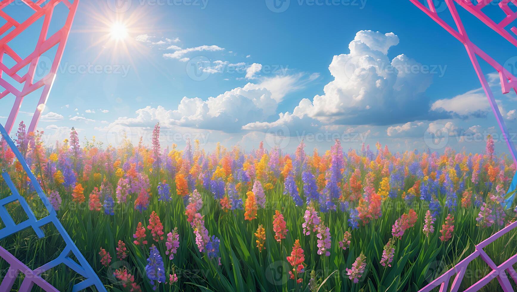 Colorful Flower Field Under Sunny Sky with Geometric Frame Elements photo
