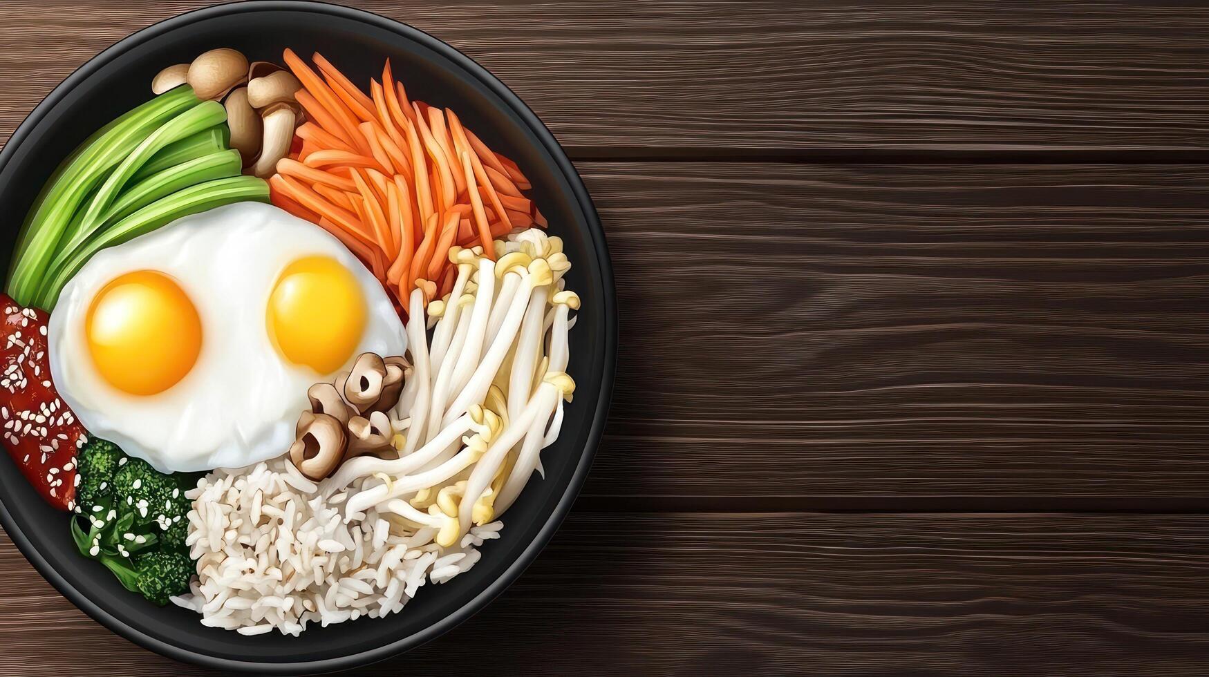 Bibimbap Bowl with Fresh Ingredients on Wood, ideal for menu or food blog visuals photo