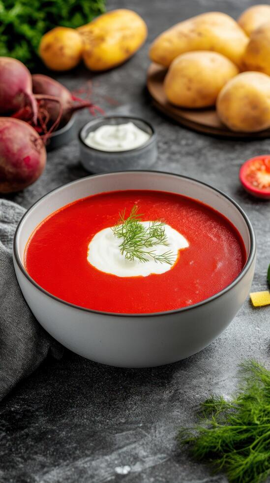 Borscht close-up on a dark table with potatoes and herbs for restaurants, cooking magazines photo