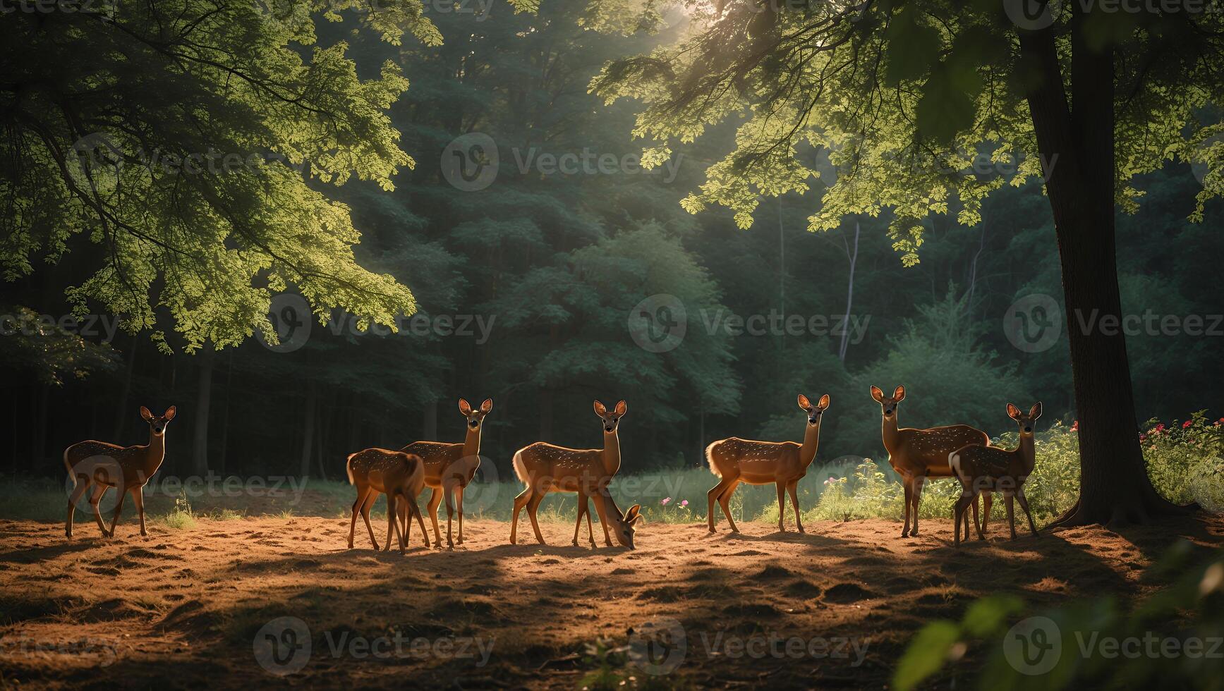 Deer Gathering in a Forest Clearing at Sunrise with Soft Light photo