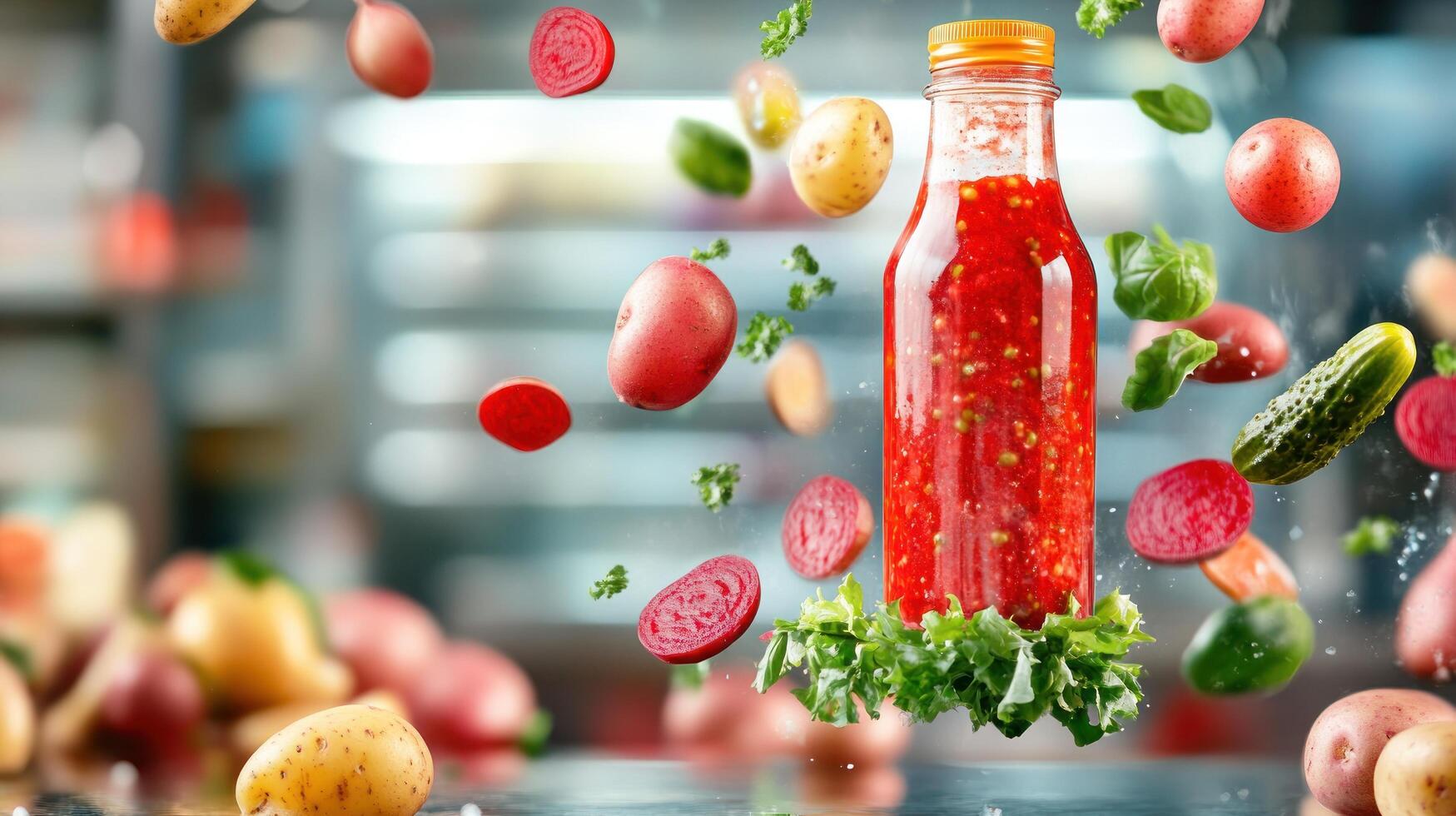 Bottle with red sauce surrounded by flying vegetables on the table for food ads or articles photo