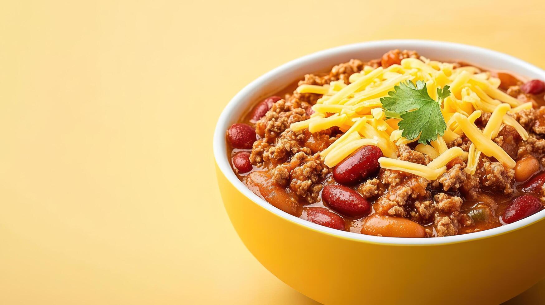 Bowl of chili with cheese cilantro against plain background. Food photography for culinary blogs photo