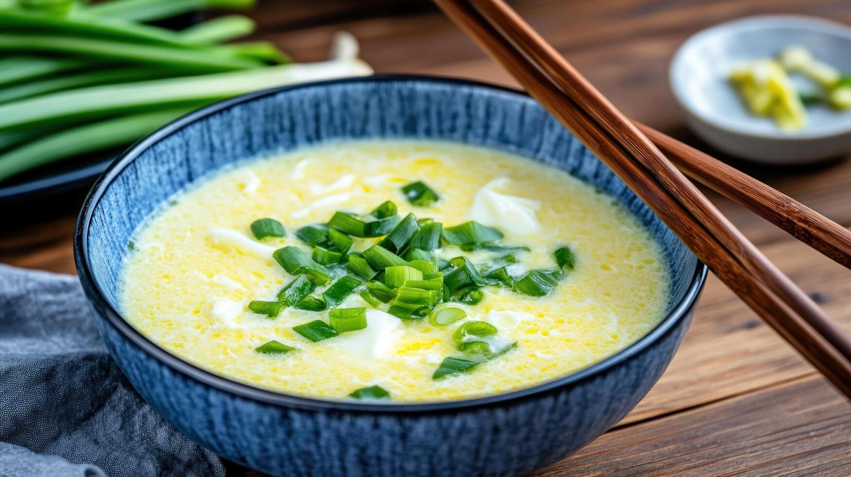 Bowl of egg drop soup with scallions and chopsticks on a wooden table for a food blog post photo