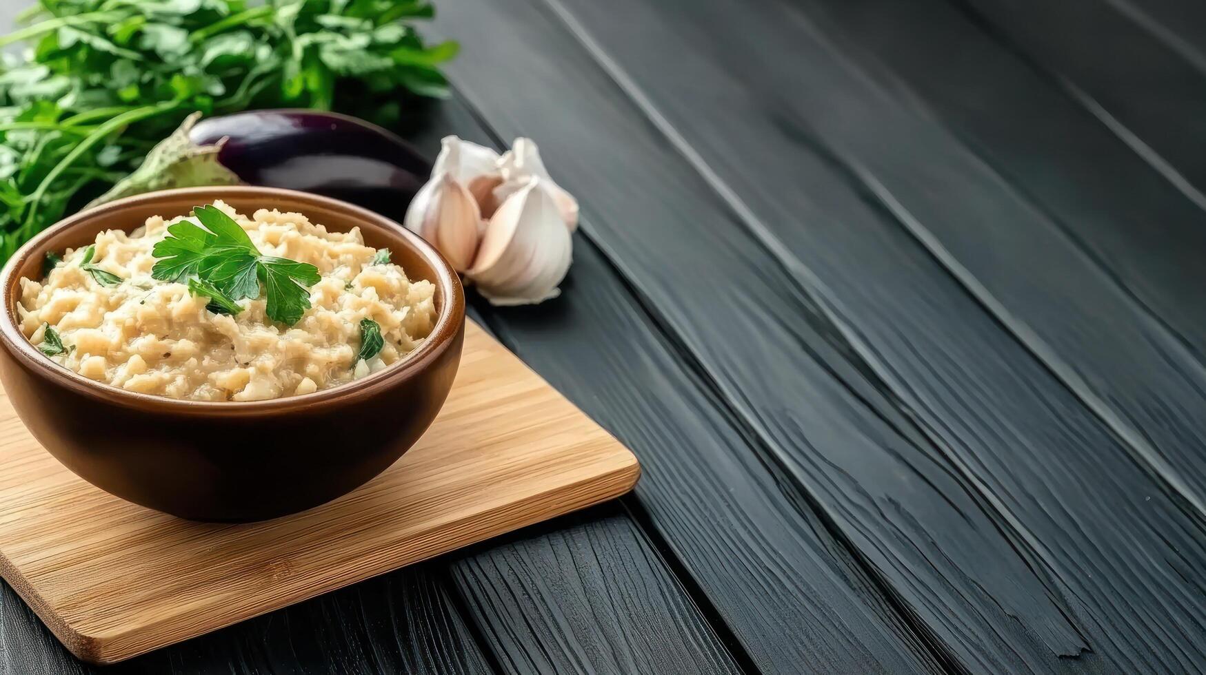 Bowl of eggplant dip with garlic and parsley on a rustic table. Food photography photo