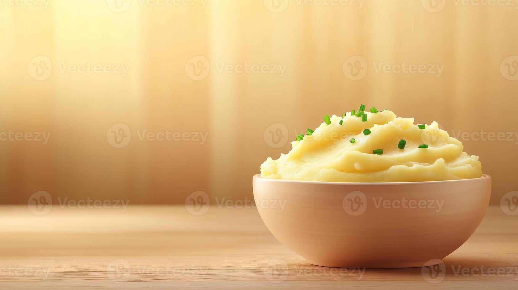 Bowl of mashed potatoes topped with herbs on a table for healthy eating and comfort food photo