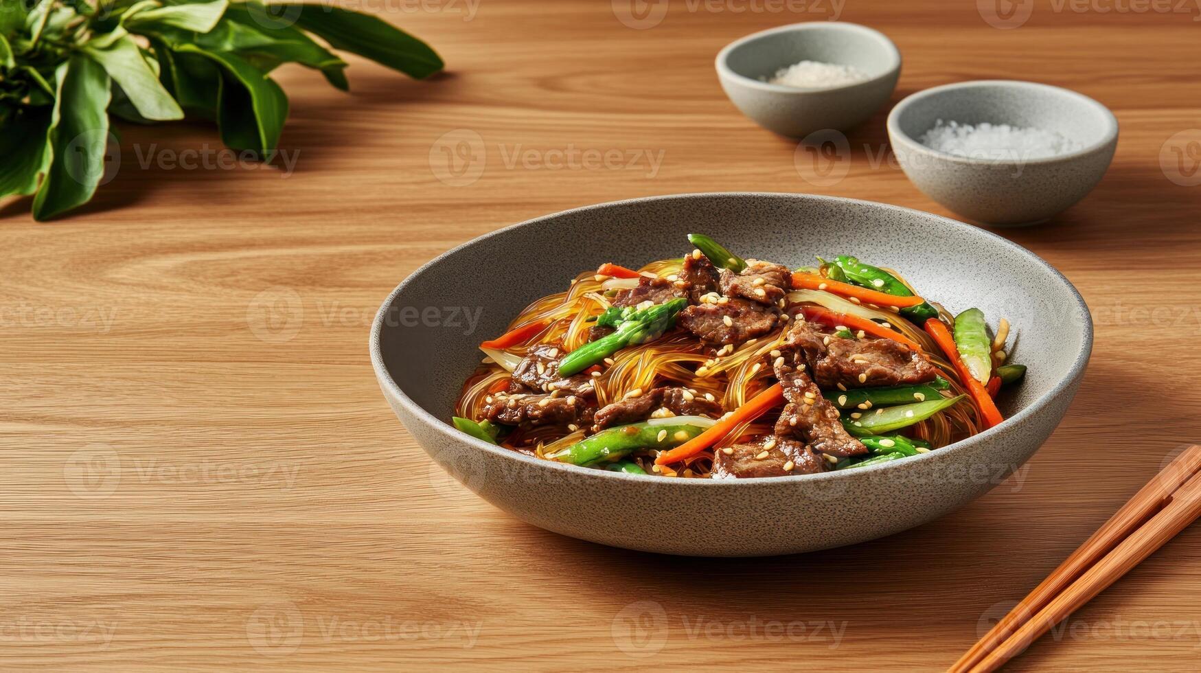 Bowl of Japchae meal with beef and vegetables over clear noodles on wooden table for stock photo