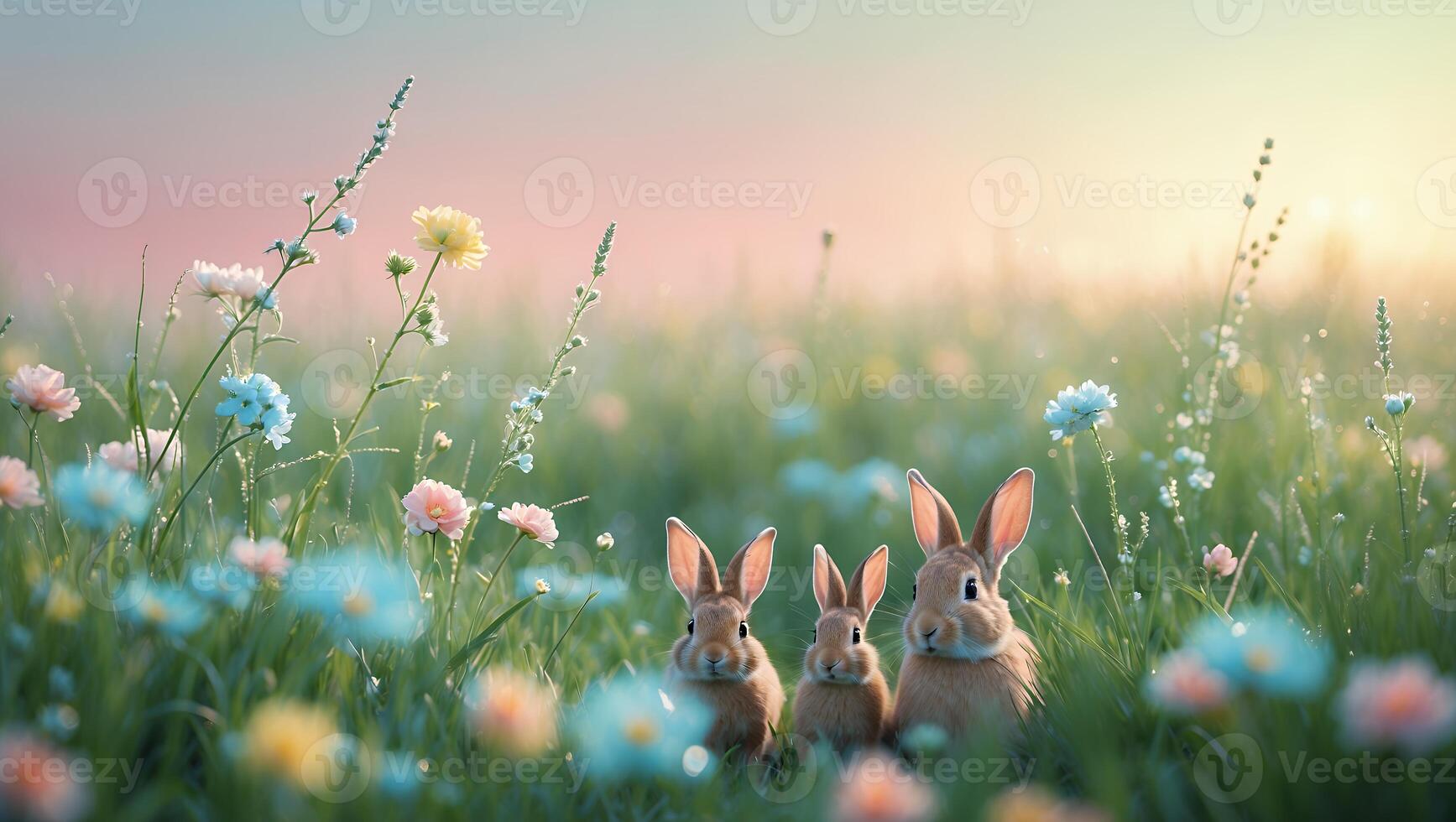 Three Rabbits Sitting in a Flower Field at Gentle Sunset photo