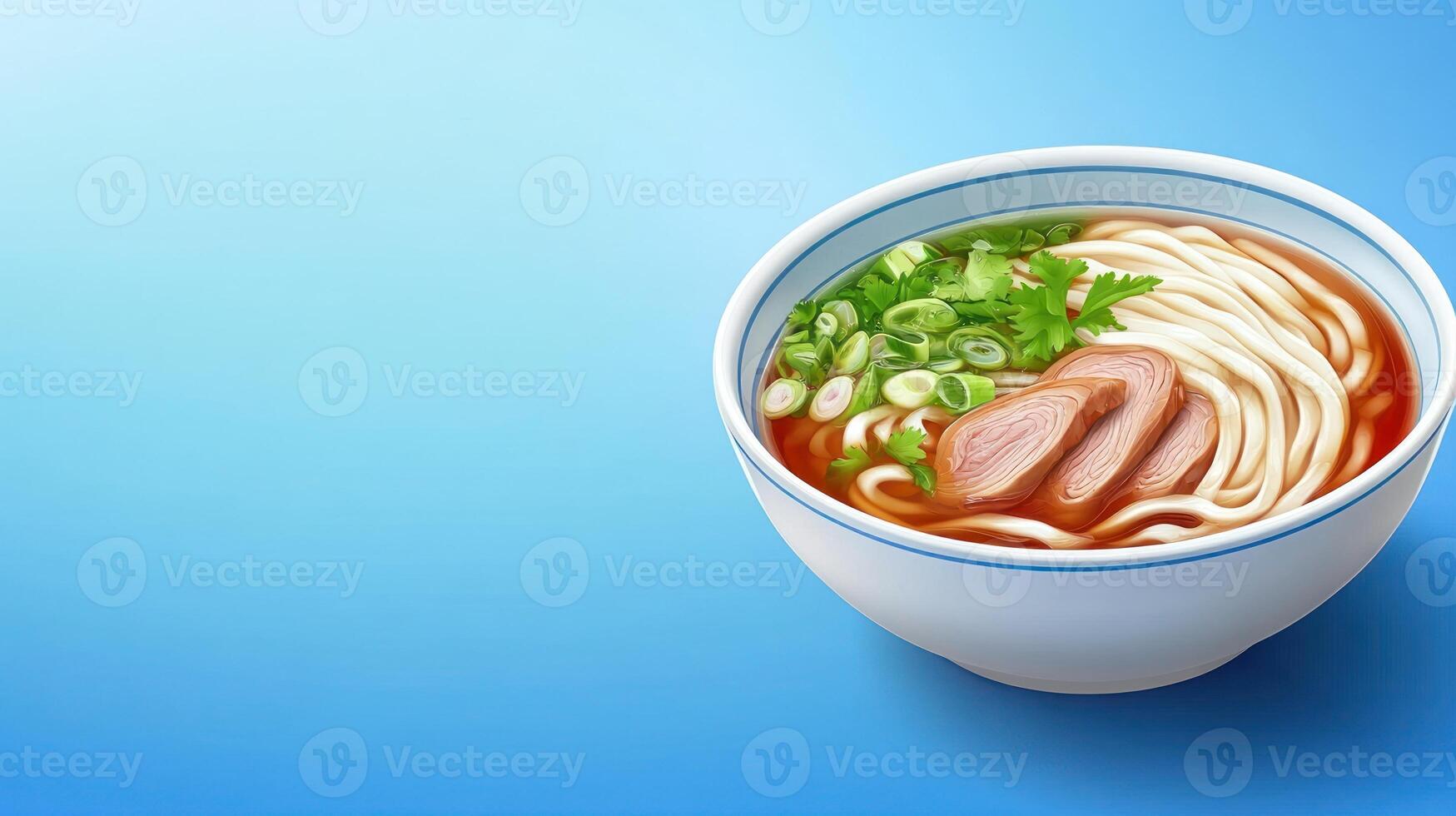 Bowl of noodle soup with meat slices and herbs for a warm lunch served on light blue background photo