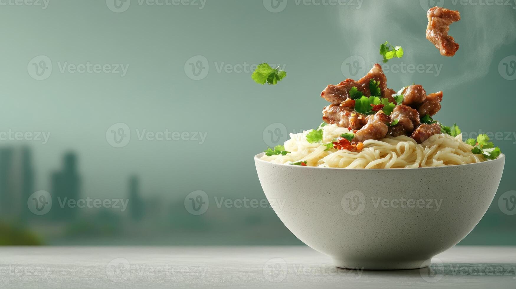 Bowl of noodles with beef on table, green background with cityscape. Food advertising photo