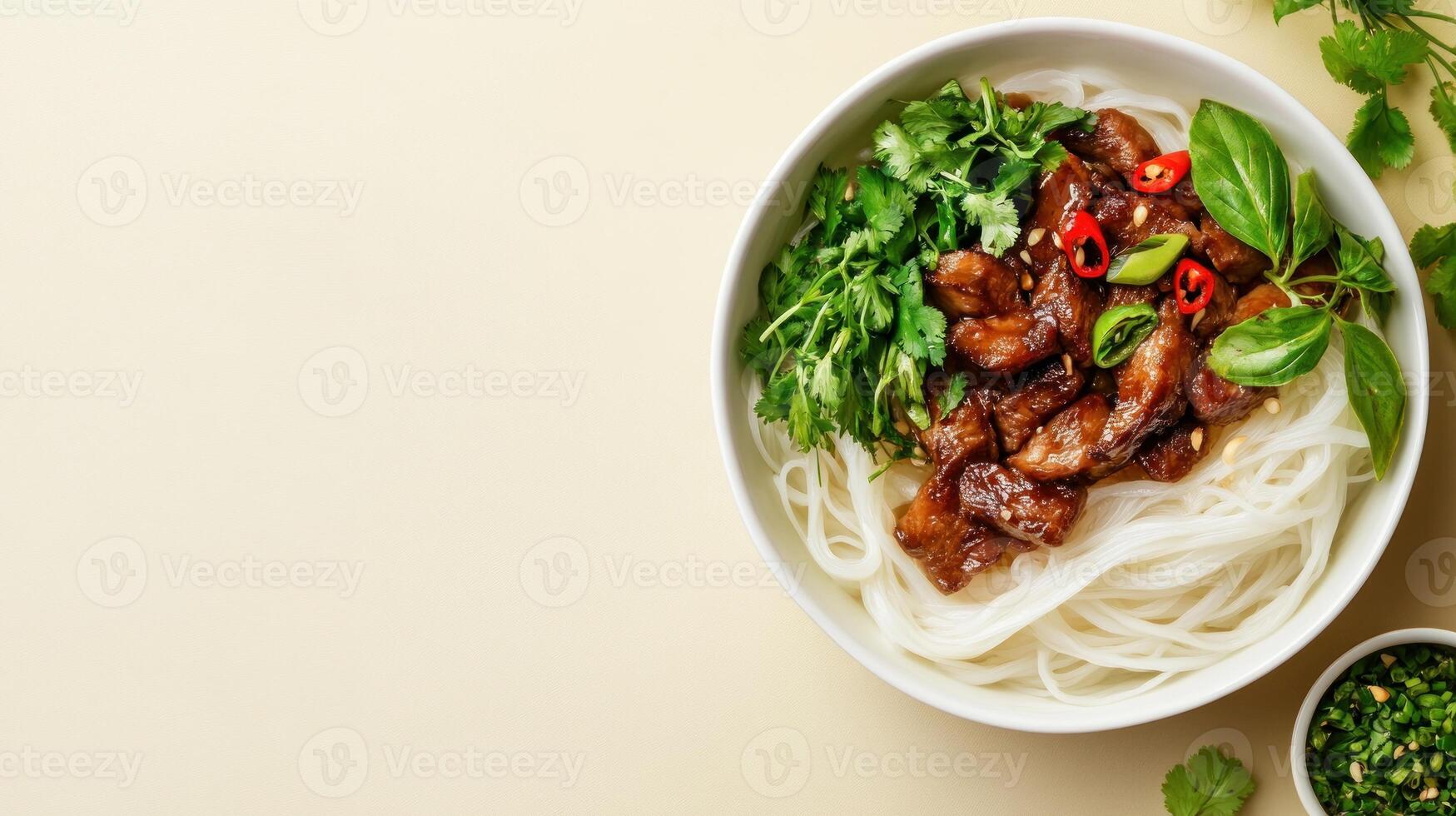 Bowl of Rice Noodles with Fried Meat Green Herbs on light background. For food blog photo