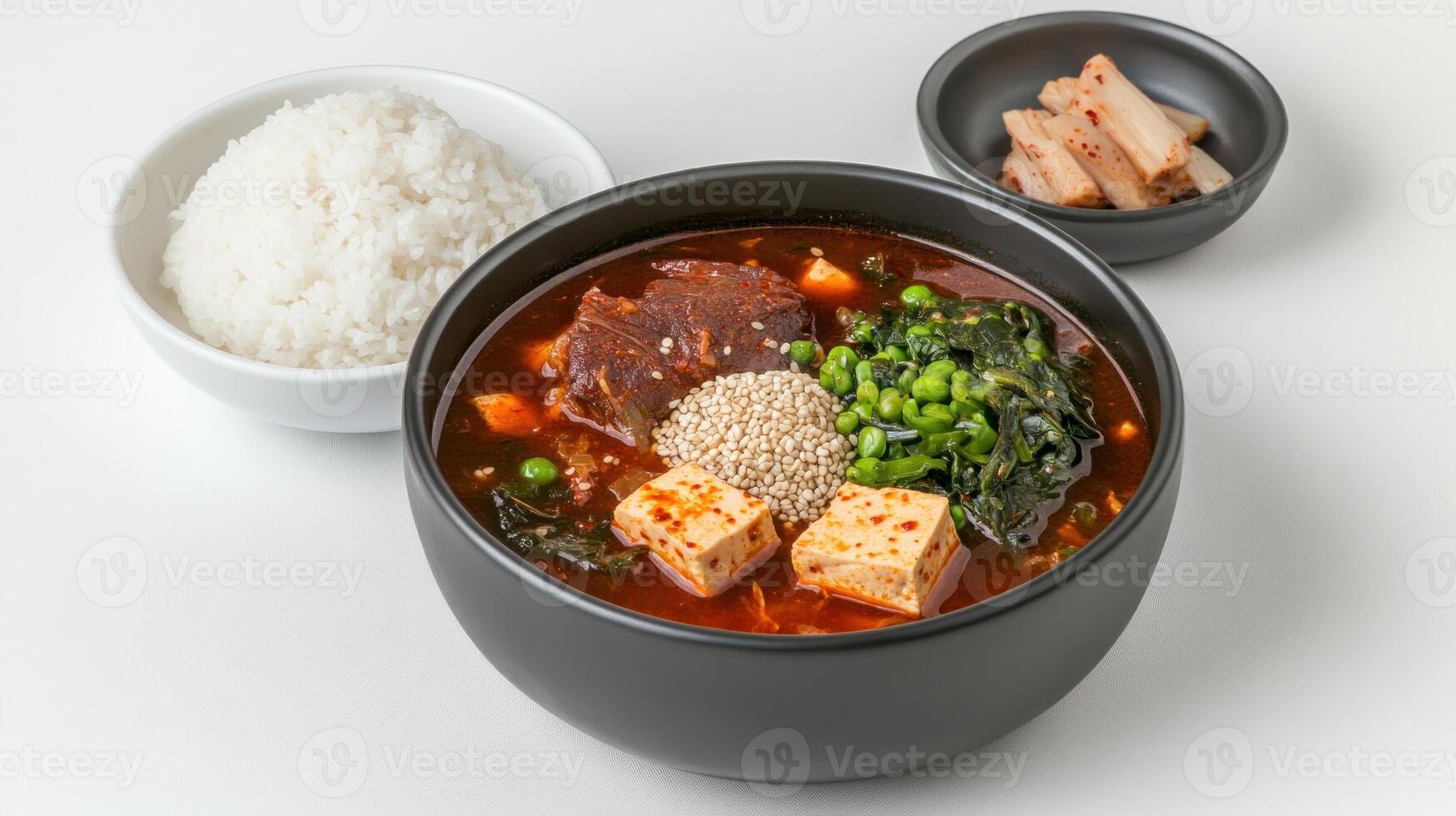 Bowl of stew with tofu, greens, and rice, served on white background for food blog and food lovers photo