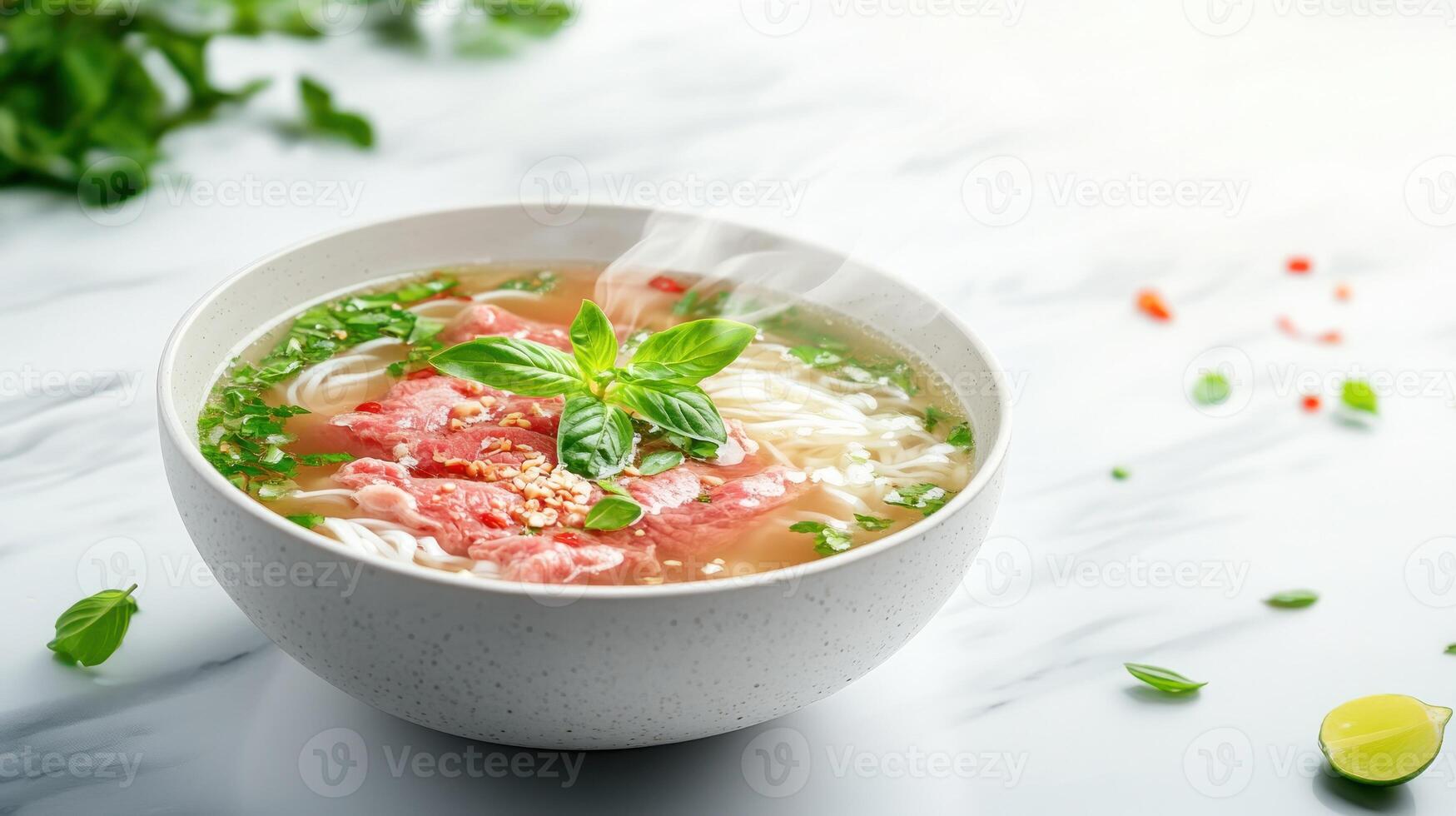 Bowl of Vietnamese Pho soup with beef herbs on marble surface, served hot. Use for recipe photo