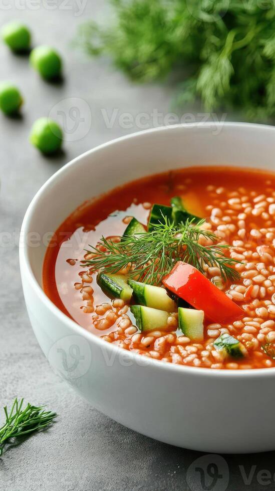 Bowl of tomato soup with barley, cucumber, dill garnish, and Brussel sprouts on table photo