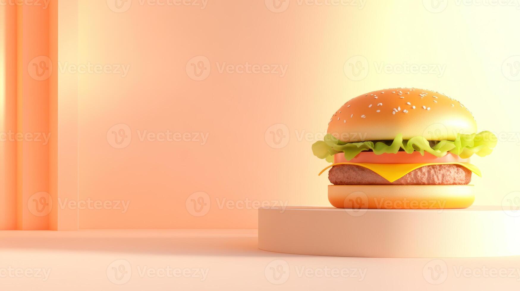 Burger is displayed on the platform a modern ad, suitable for social media food-related topics photo