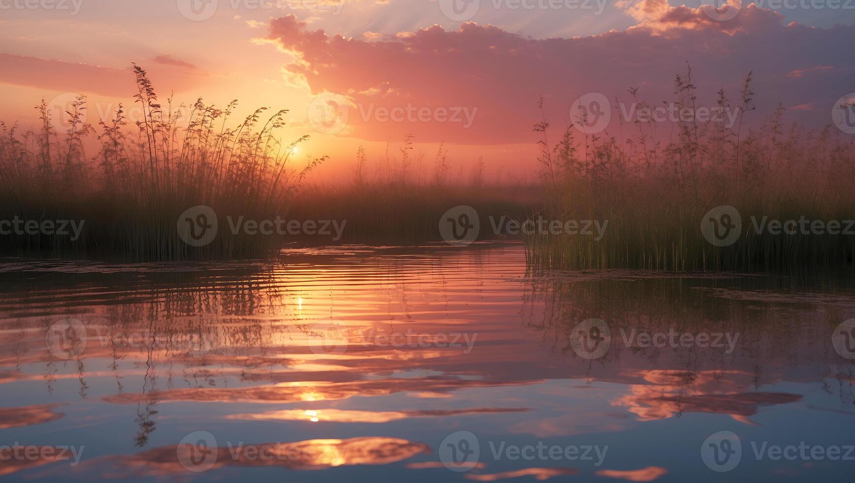 Calm Lake Reflecting Sunset with Tall Grass and Warm Hues photo