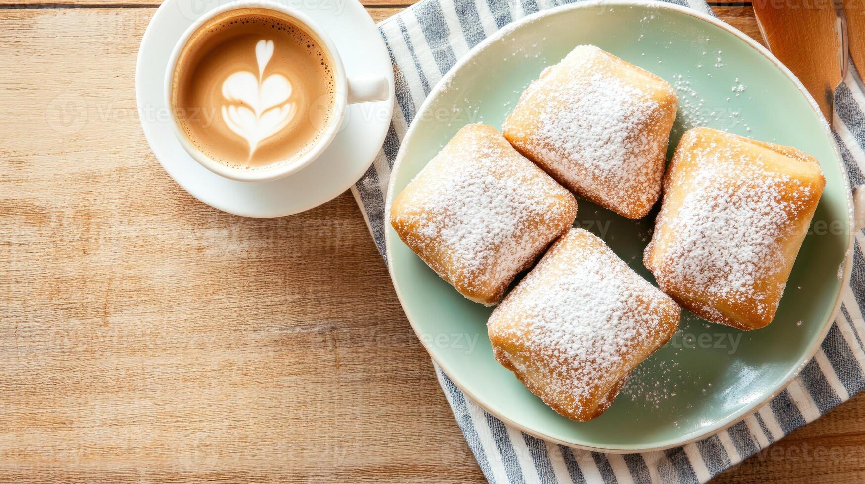 Cafe latte and beignets dusted with sugar on plate on table background for menu, recipe photo