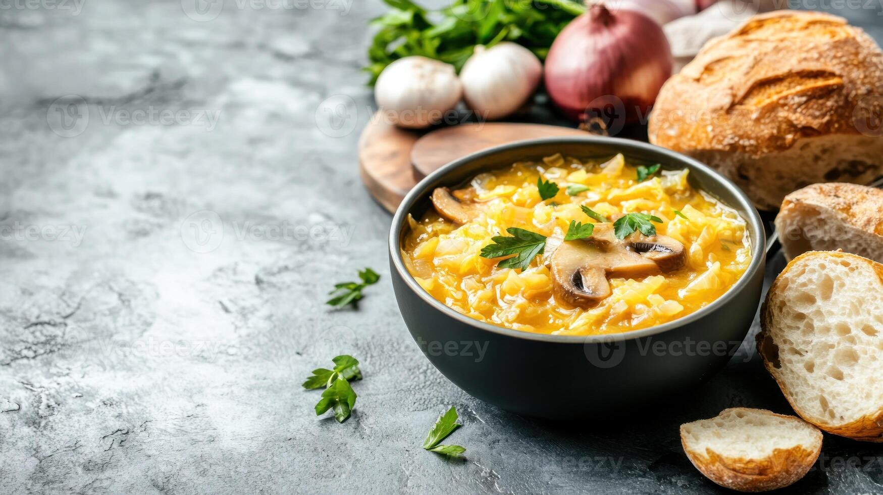 Cabbage soup meal. With mushrooms and parsley, served with bread on a textured grey surface photo