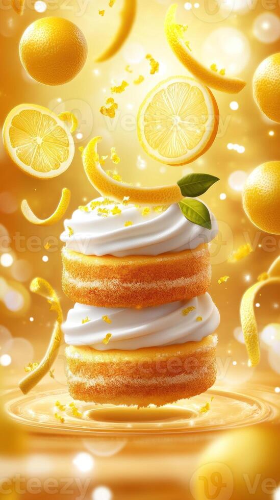 Cake topped with cream surrounded by falling lemons on blurry bright background for recipes and menus photo