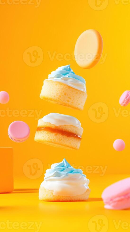 Cakes floating on a yellow background, for pastry shops, food blogs, and dessert promotions photo