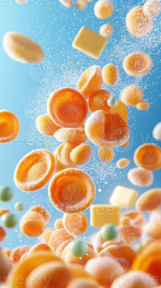 Candy falling on blue background. Sweet dessert used in advertising or marketing campaign photo
