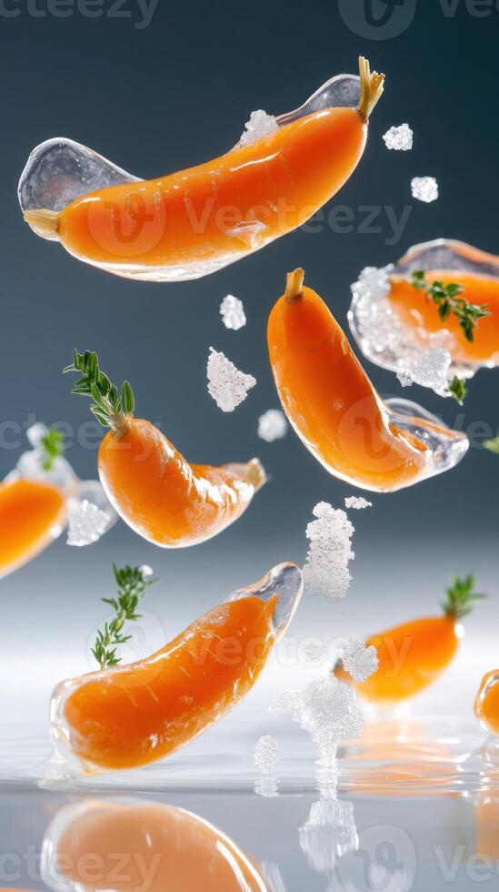 Carrots with ice flying in the air on a gray background for healthy eating ads photo