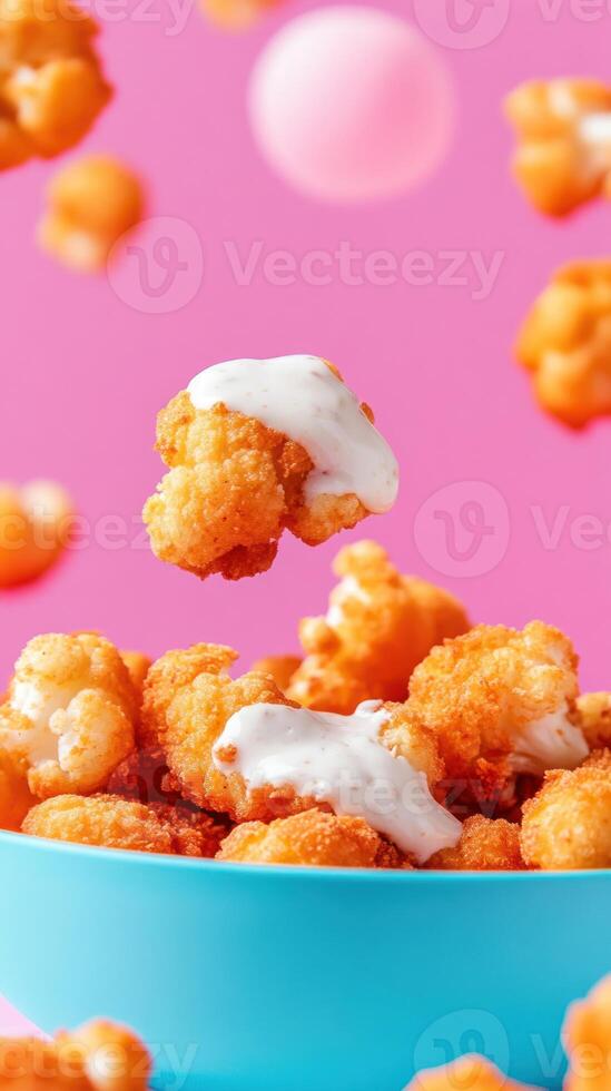 Cauliflower bites with dipping sauce flying on a pink backdrop, perfect for a recipe website photo
