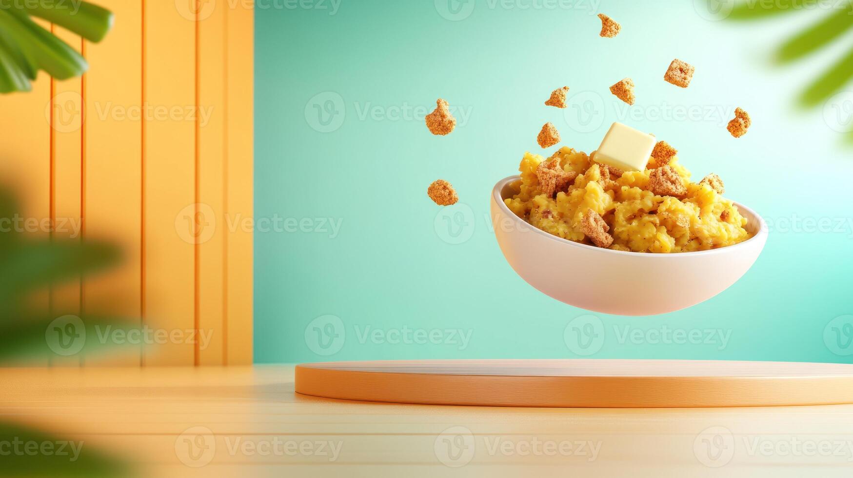 Cereal with butter levitates in a bowl on a stage with green plants for breakfast advert use photo