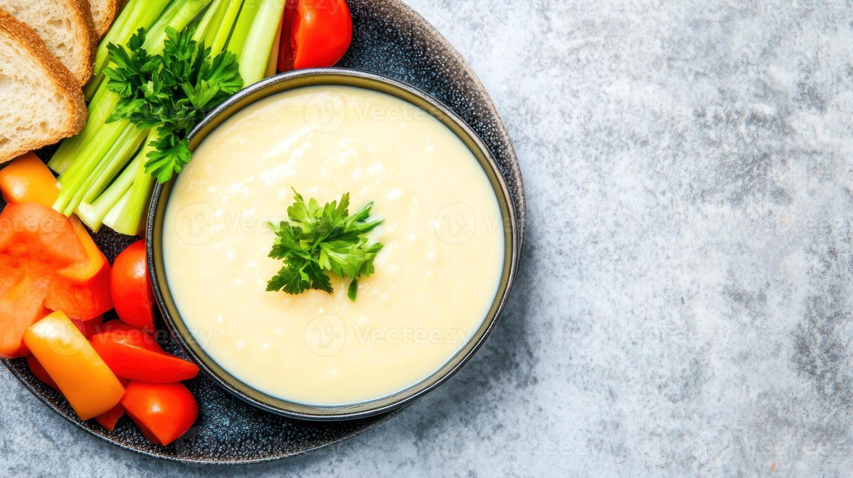 Cheese dip with celery, tomatoes, and bread on a plate, for appetizers or snacks photo