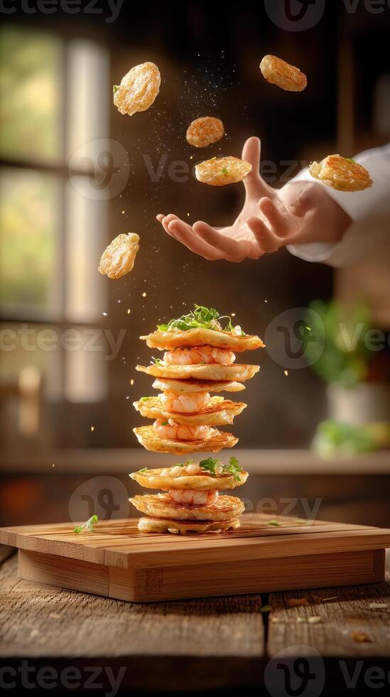 Chef plating tower of shrimp appetizer with herbs, falling food, in restaurant, for menu photo