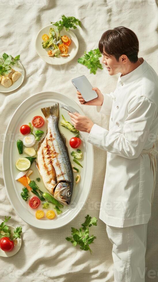 Chef takes fish photo with phone on plate salad, herbs around. Recipe blog