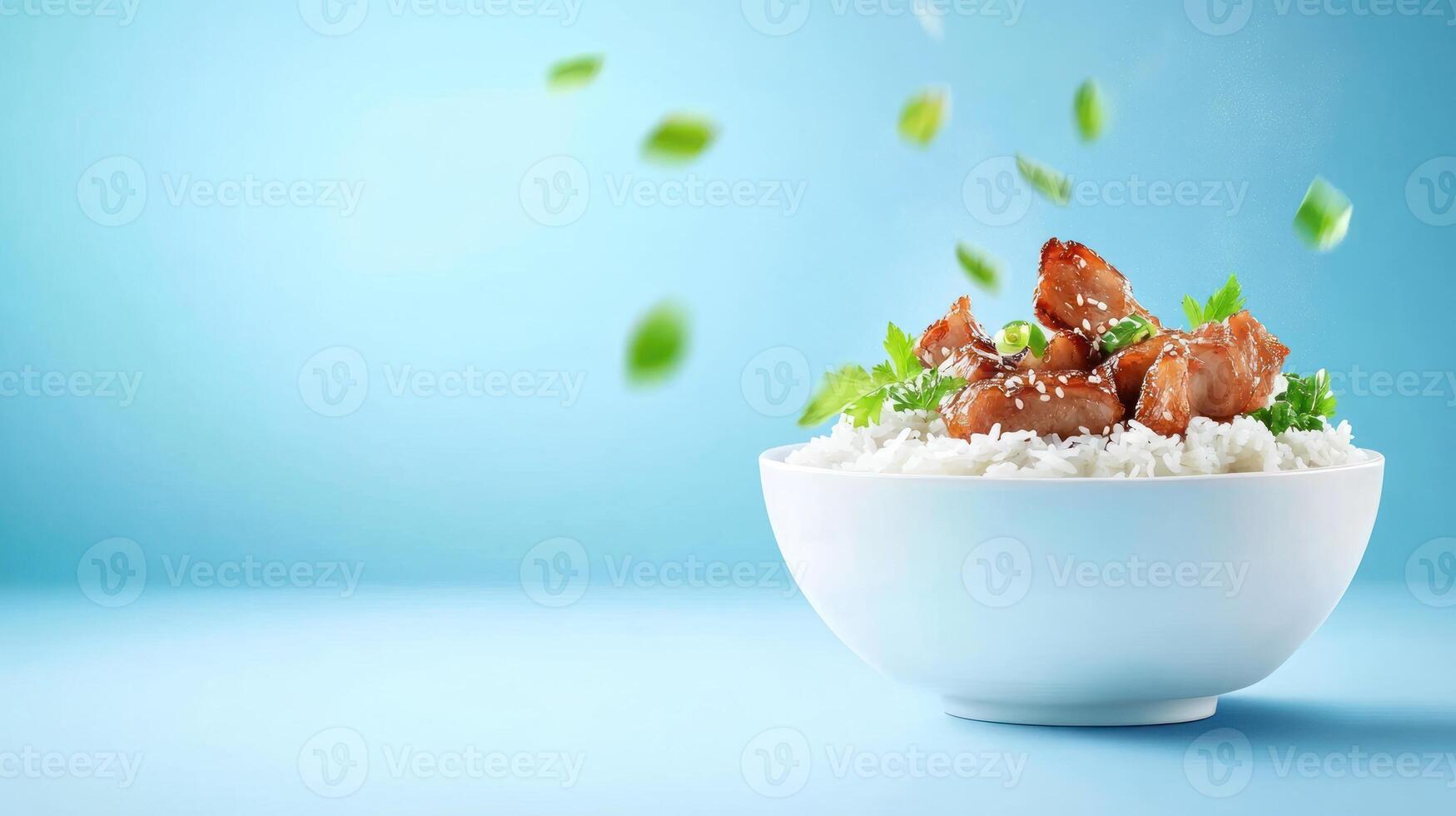 Chicken and rice bowl with garnish on a blue background, possible for food blogrecipe photo