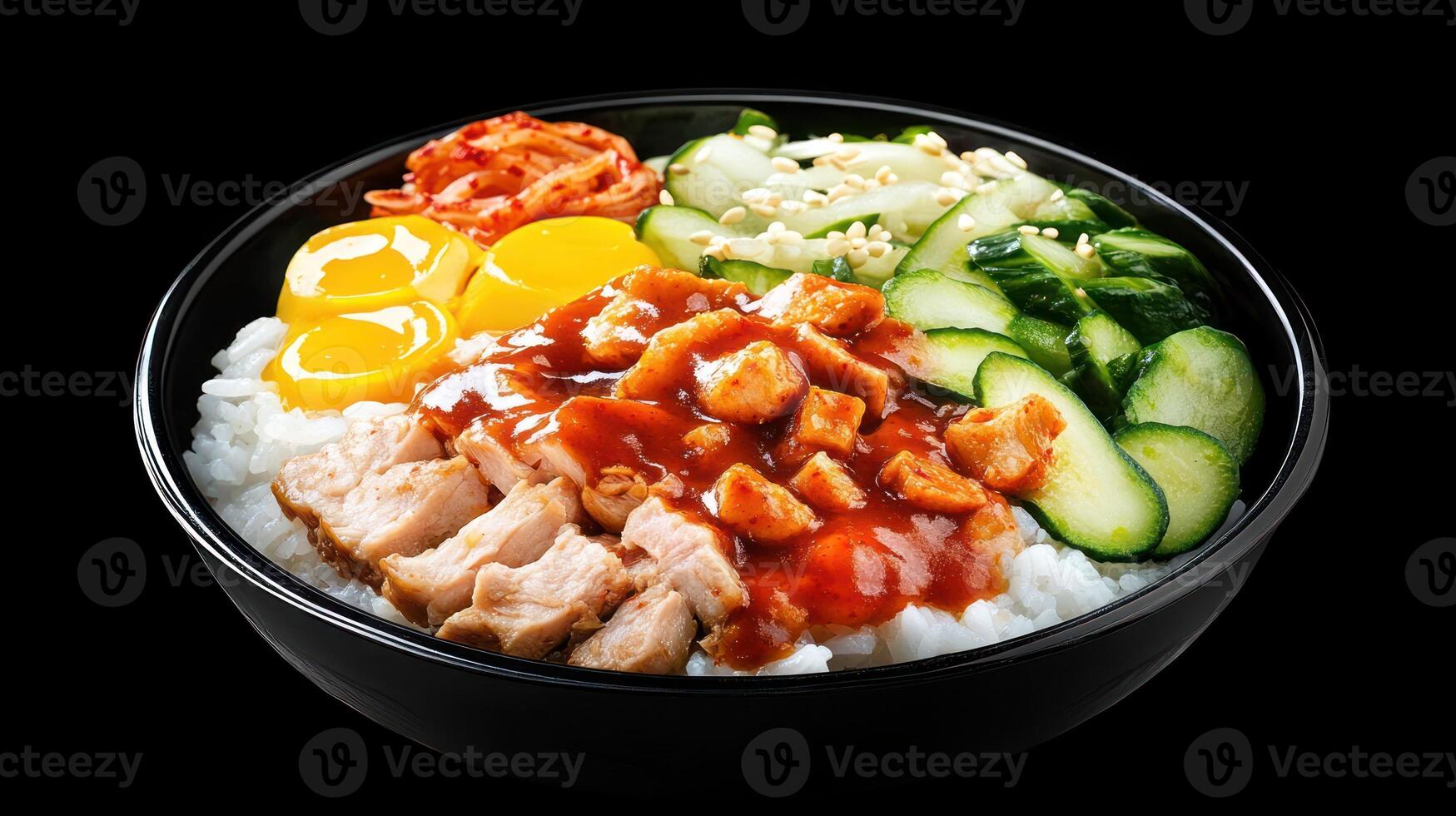 Chicken bowl rice, egg, kimchi, cucumber, and teriyaki sauce on a black surface for an Asian restaurant photo