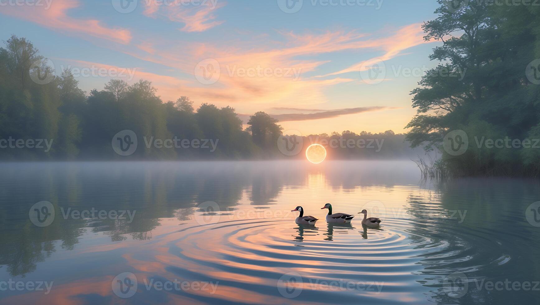 Ducks Swimming on Calm Lake Reflecting Sunrise with Trees on Shore photo