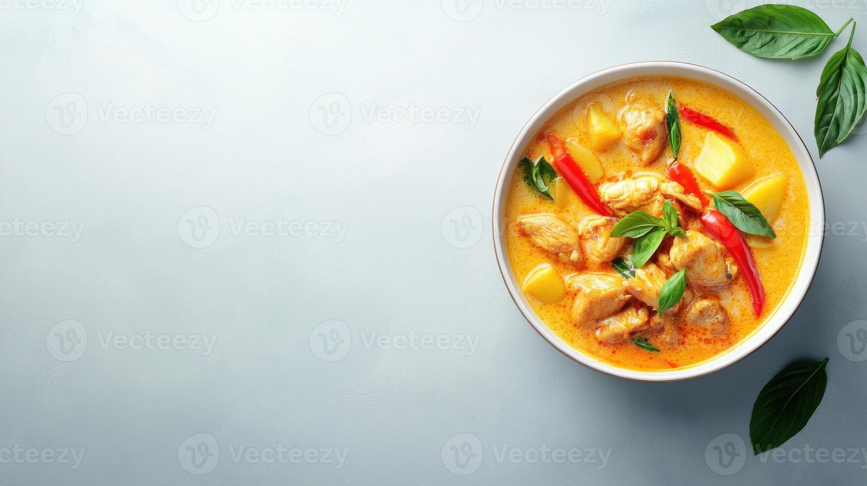 Chicken curry with potatoes, red peppers, and basil leaves on a light gray surface. Use in restaurant menu photo