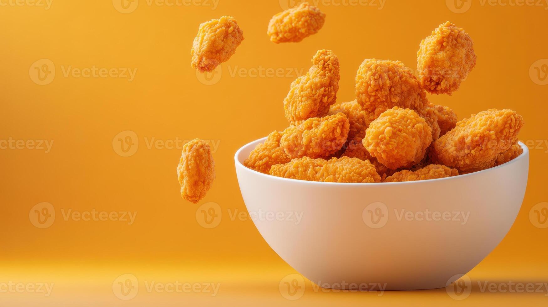 Chicken nuggets falling into a bowl in a solid color studio for a fast food restaurant ad photo
