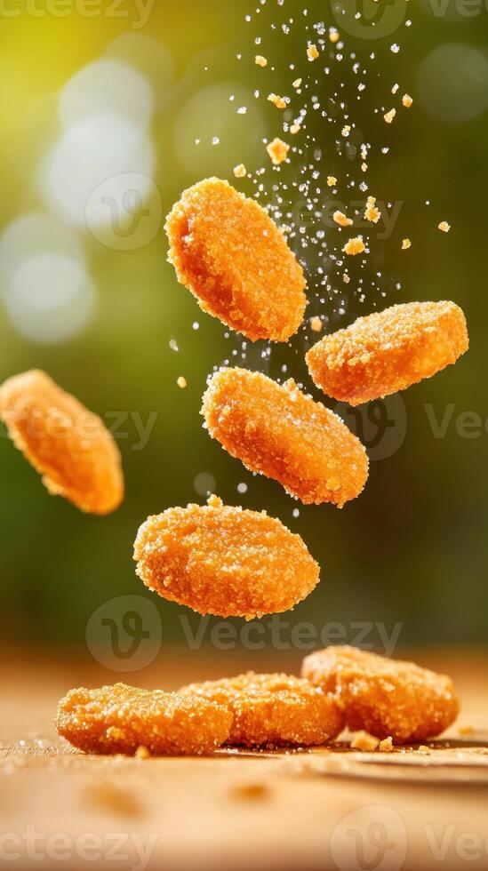 Chicken nuggets falling onto a table, promoting family meals in a natural setting photo