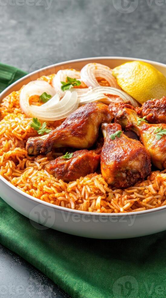Chicken, rice served in a bowl with onion, lemon on a green cloth. Possible food blog banner photo
